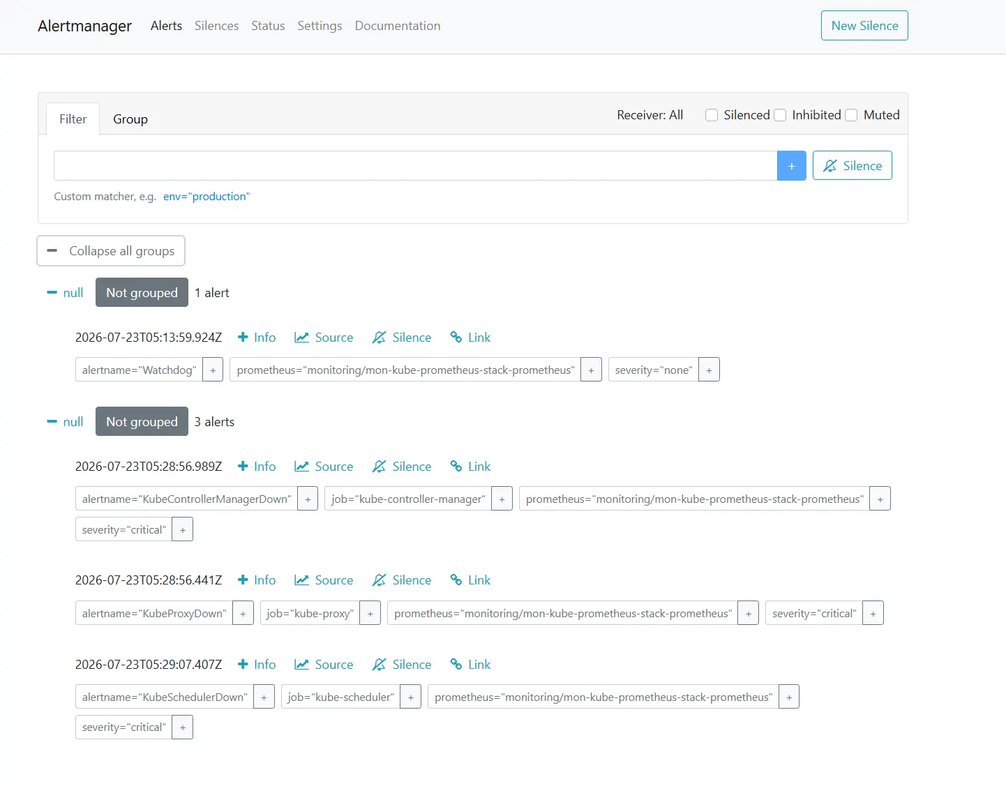 Alertmanager UI showing the ApiHighErrorRate alert after it started firing