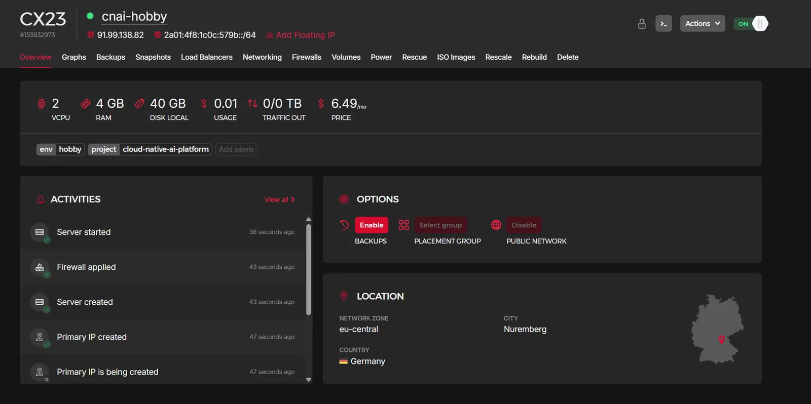 Hetzner Cloud overview for the cnai-hobby CX23 VPS, showing 2 vCPU, 4 GB RAM, and $6.49 per month